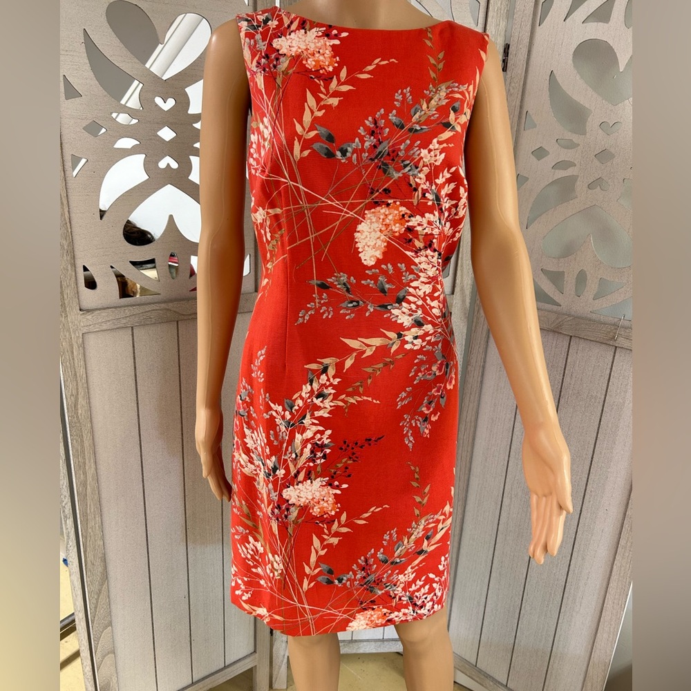 Talbots Petites Coral Sleeveless Shift Dress with Flowers Size 8P